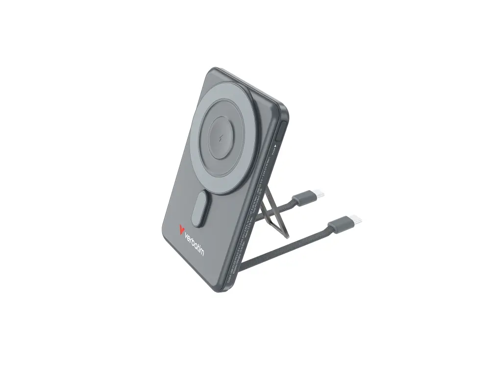 Външна батерия, Verbatim Charge 'n' Go 2C Power Bank Magnetic Wireless 5000mAh with 2 USB-C Cables & Stand Grey