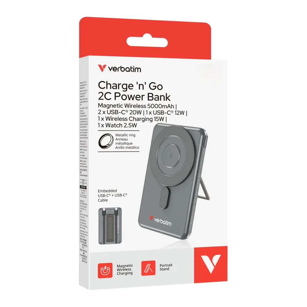 Външна батерия, Verbatim Charge 'n' Go 2C Power Bank Magnetic Wireless 5000mAh with 2 USB-C Cables & Stand Grey - image 10