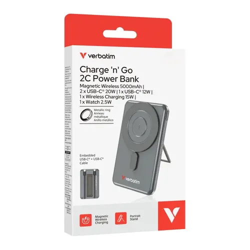 Външна батерия, Verbatim Charge 'n' Go 2C Power Bank Magnetic Wireless 5000mAh with 2 USB-C Cables & Stand Grey - image 10