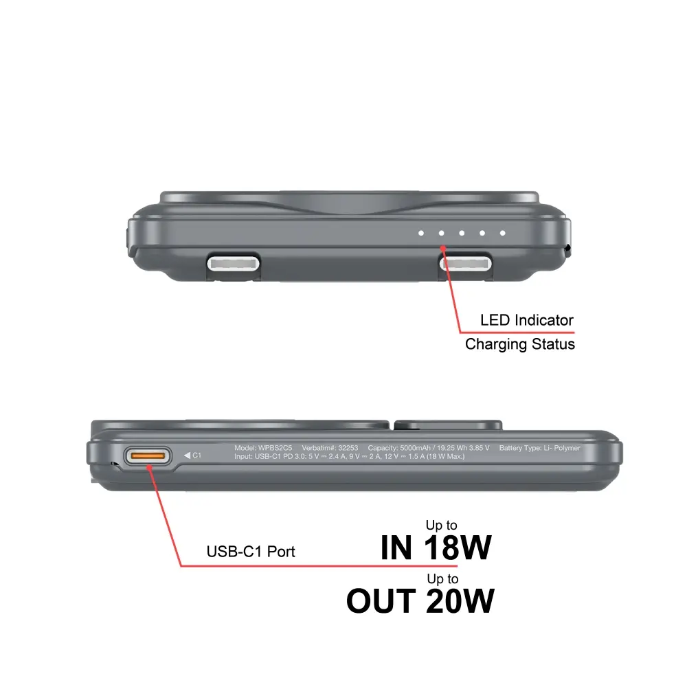 Външна батерия, Verbatim Charge 'n' Go 2C Power Bank Magnetic Wireless 5000mAh with 2 USB-C Cables & Stand Grey - image 7