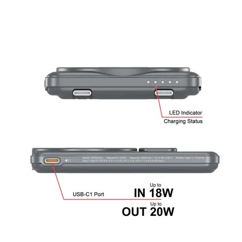 Външна батерия, Verbatim Charge 'n' Go 2C Power Bank Magnetic Wireless 5000mAh with 2 USB-C Cables & Stand Grey - image 7
