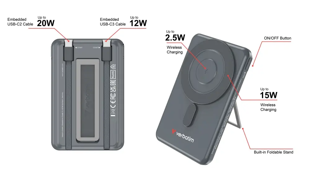 Външна батерия, Verbatim Charge 'n' Go 2C Power Bank Magnetic Wireless 5000mAh with 2 USB-C Cables & Stand Grey - image 8