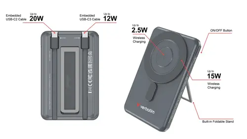 Външна батерия, Verbatim Charge 'n' Go 2C Power Bank Magnetic Wireless 5000mAh with 2 USB-C Cables & Stand Grey - image 8
