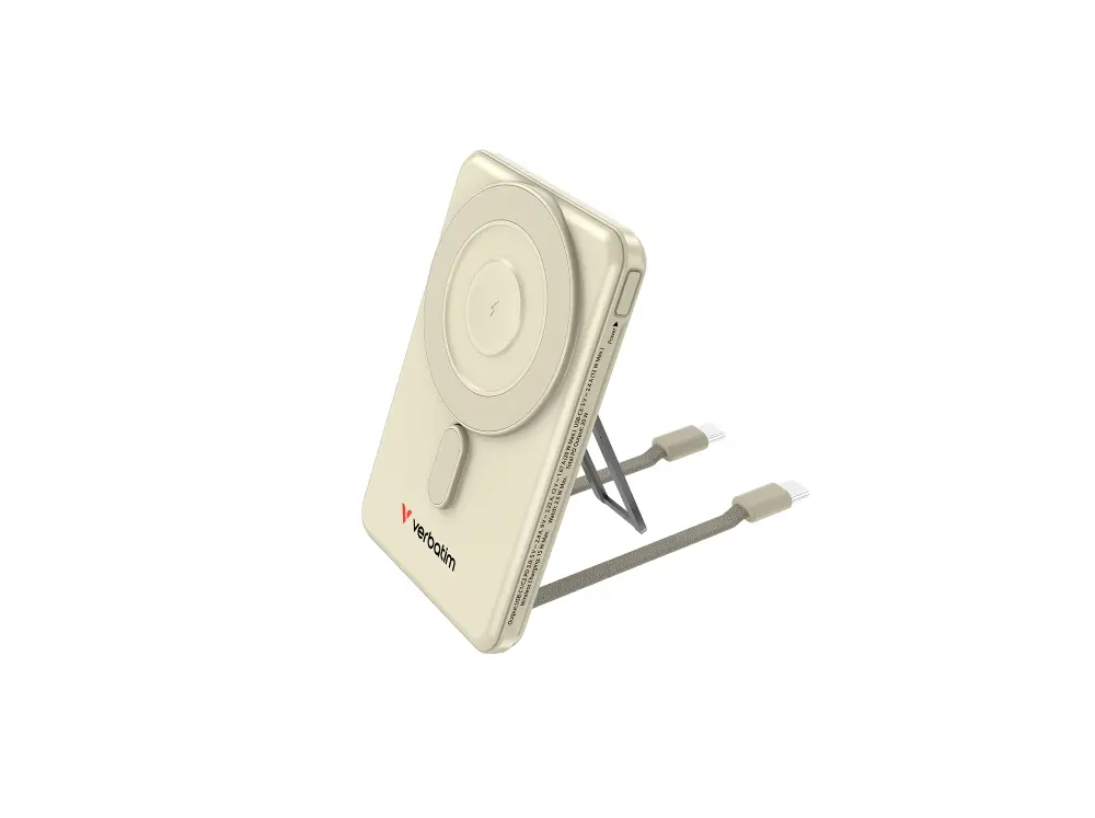 Външна батерия, Verbatim Charge 'n' Go 2C Power Bank Magnetic Wireless 5000mAh with 2 USB-C Cables & Stand Gold