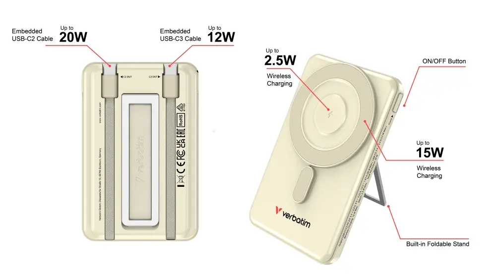 Външна батерия, Verbatim Charge 'n' Go 2C Power Bank Magnetic Wireless 5000mAh with 2 USB-C Cables & Stand Gold - image 11