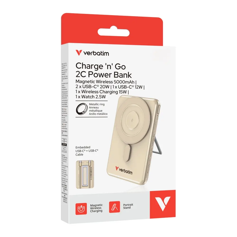 Външна батерия, Verbatim Charge 'n' Go 2C Power Bank Magnetic Wireless 5000mAh with 2 USB-C Cables & Stand Gold - image 12