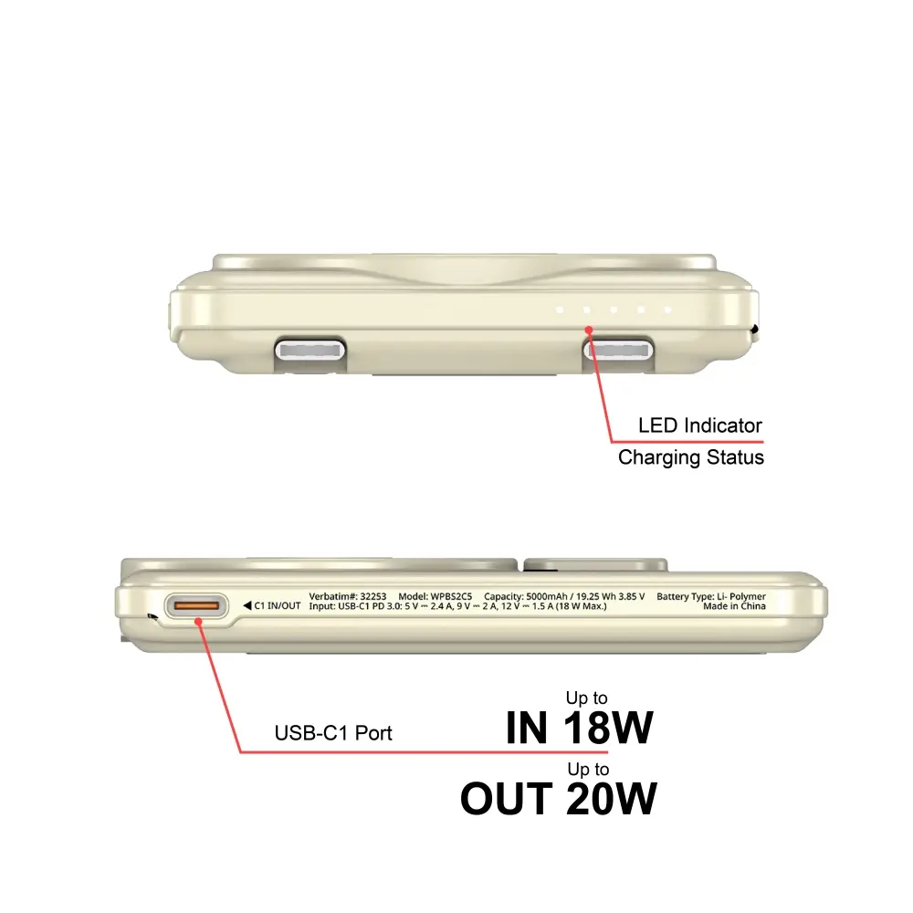 Външна батерия, Verbatim Charge 'n' Go 2C Power Bank Magnetic Wireless 5000mAh with 2 USB-C Cables & Stand Gold - image 9