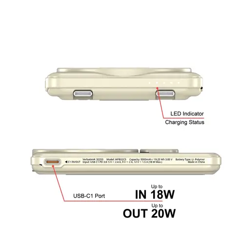 Външна батерия, Verbatim Charge 'n' Go 2C Power Bank Magnetic Wireless 5000mAh with 2 USB-C Cables & Stand Gold - image 9