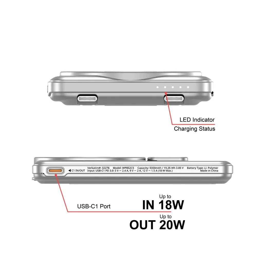 Външна батерия, Verbatim Charge 'n' Go 2C Power Bank Magnetic Wireless 5000mAh with 2 USB-C Cables & Stand Silver - image 11