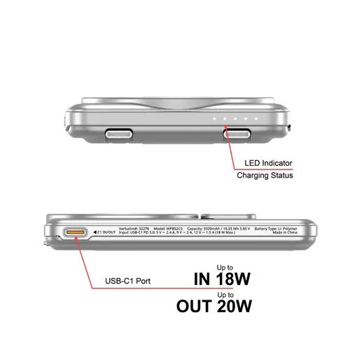 Външна батерия, Verbatim Charge 'n' Go 2C Power Bank Magnetic Wireless 5000mAh with 2 USB-C Cables & Stand Silver - image 11
