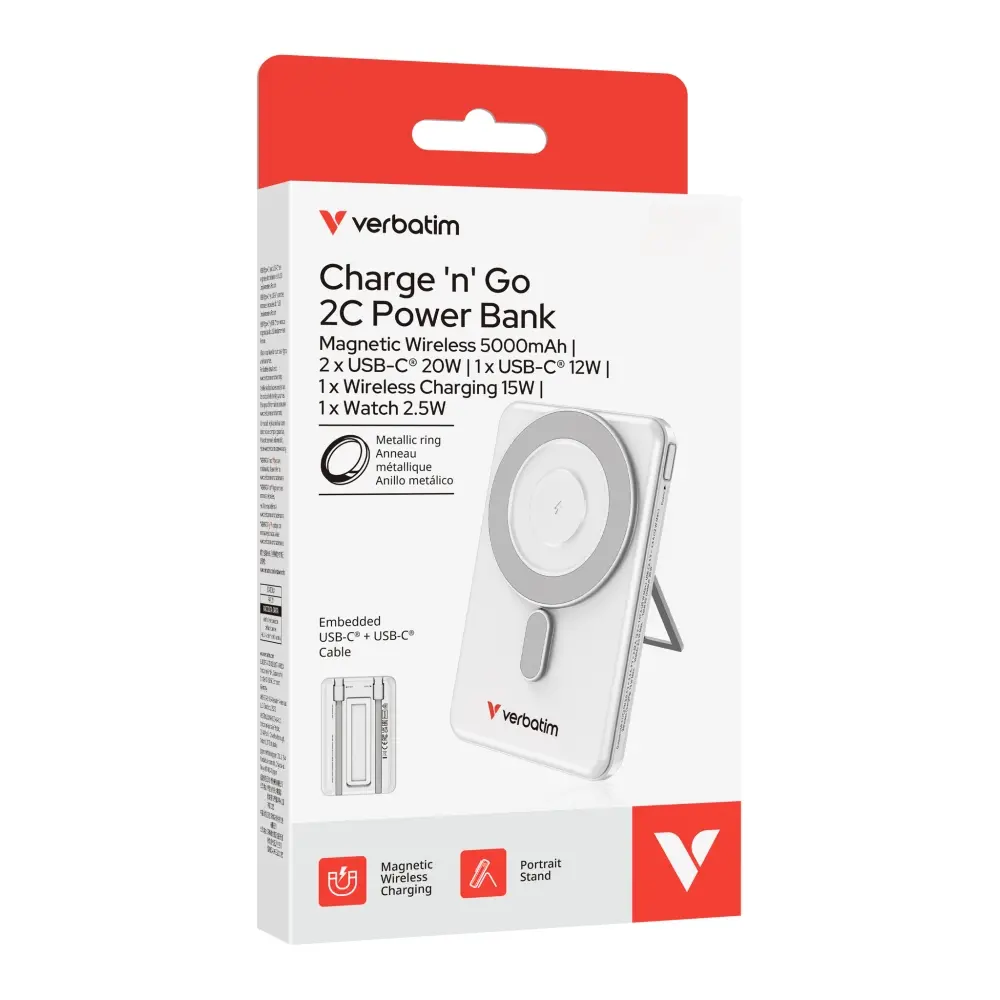 Външна батерия, Verbatim Charge 'n' Go 2C Power Bank Magnetic Wireless 5000mAh with 2 USB-C Cables & Stand Silver - image 12