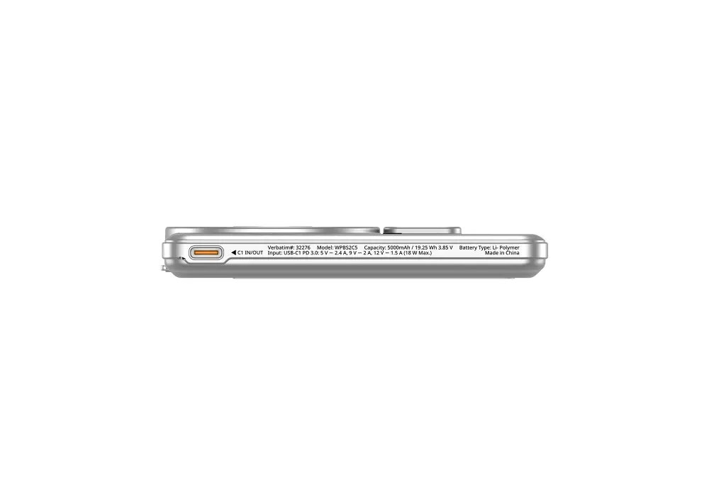 Външна батерия, Verbatim Charge 'n' Go 2C Power Bank Magnetic Wireless 5000mAh with 2 USB-C Cables & Stand Silver - image 5