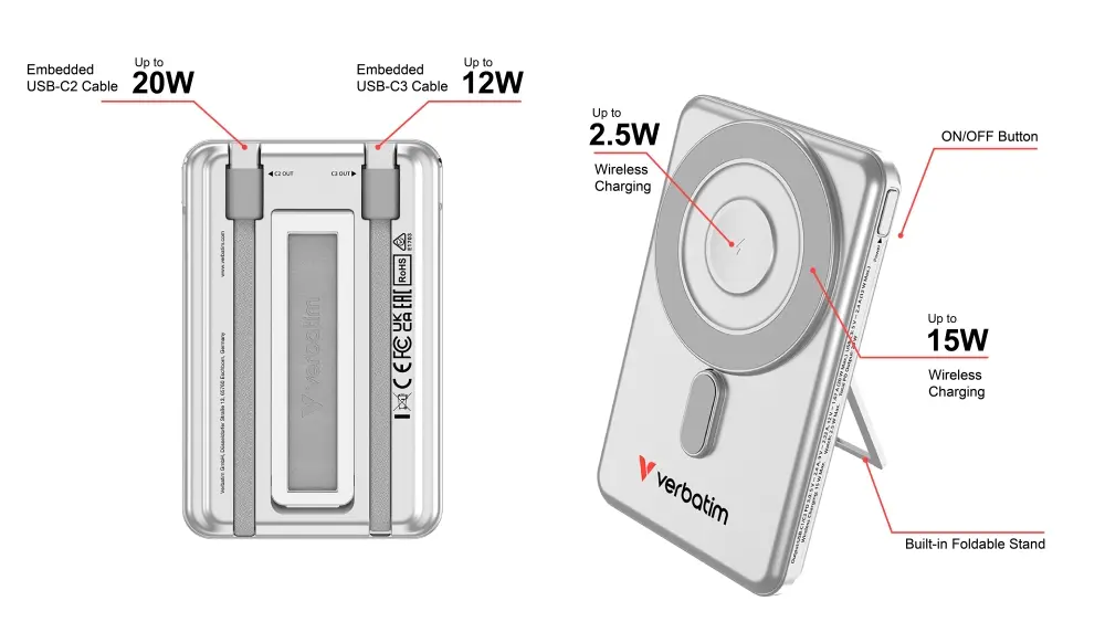Външна батерия, Verbatim Charge 'n' Go 2C Power Bank Magnetic Wireless 5000mAh with 2 USB-C Cables & Stand Silver - image 9