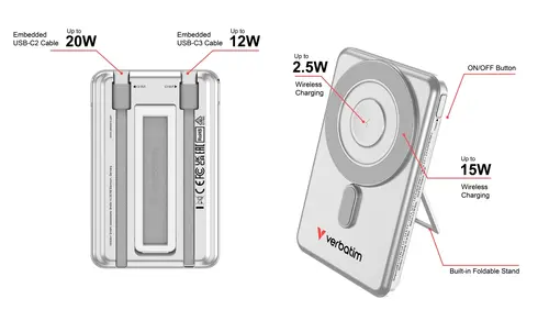 Външна батерия, Verbatim Charge 'n' Go 2C Power Bank Magnetic Wireless 5000mAh with 2 USB-C Cables & Stand Silver - image 9