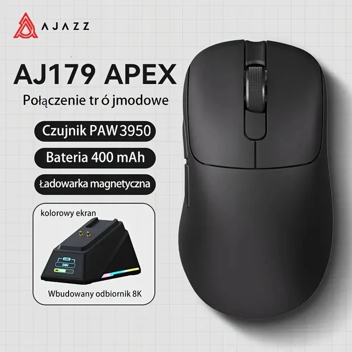 Ajazz професионална геймърска мишка AJ179 APEX - Wireless Gaming Mouse - 8K, Magnetic Charging Dock, Black - image 1