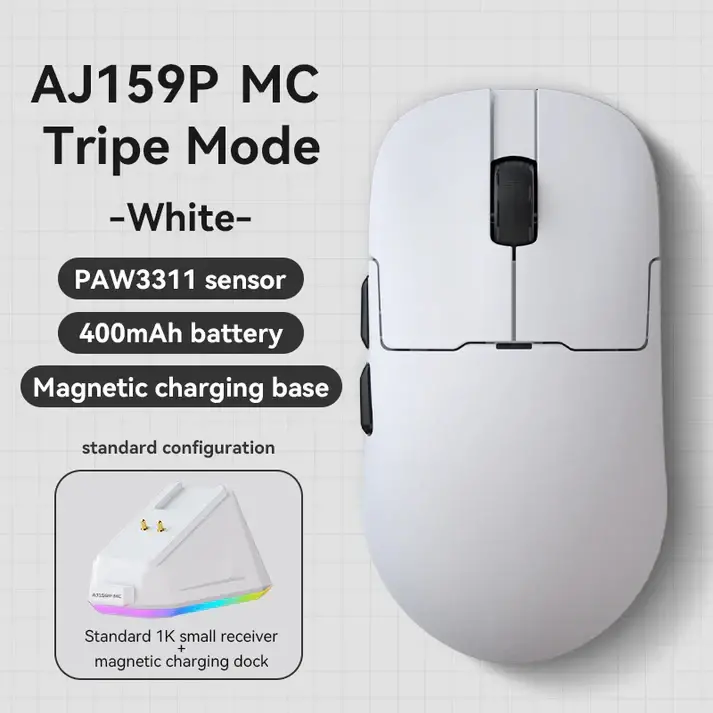 Ajazz професионална геймърска мишка AJ159P MC - Wireless Gaming Mouse - 1K, Magnetic Charging Dock, White - image 4