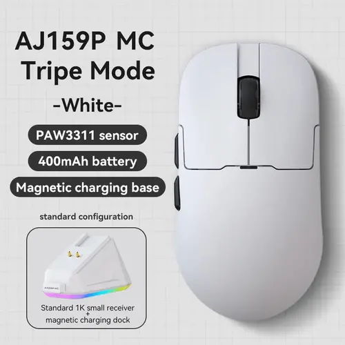 Ajazz професионална геймърска мишка AJ159P MC - Wireless Gaming Mouse - 1K, Magnetic Charging Dock, White - image 4