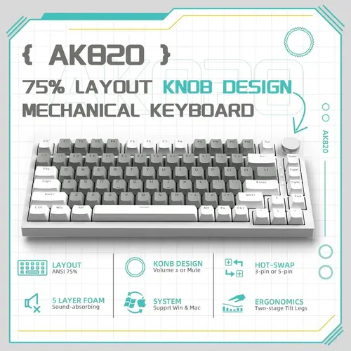 Ajazz геймърска механична клавиатура Gaming Mechanical Keyboard AK820 - Mille feuille Yellow Switches [Linear] (English US), White Gray, White Light - image 3