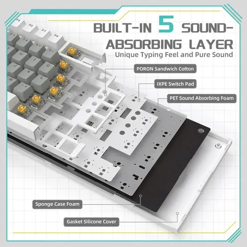 Ajazz геймърска механична клавиатура Gaming Mechanical Keyboard AK820 - Mille feuille Yellow Switches [Linear] (English US), White Gray, White Light - image 6