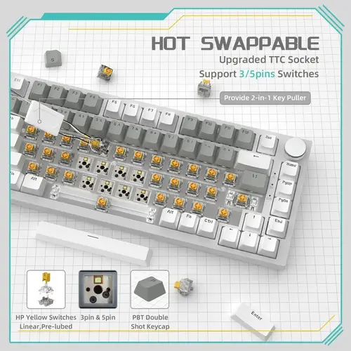 Ajazz геймърска механична клавиатура Gaming Mechanical Keyboard AK820 - Mille feuille Yellow Switches [Linear] (English US), White Gray, White Light - image 7