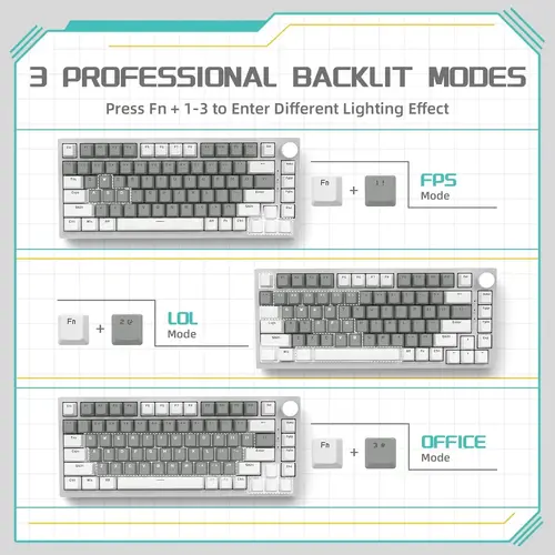 Ajazz геймърска механична клавиатура Gaming Mechanical Keyboard AK820 - Mille feuille Yellow Switches [Linear] (English US), White Gray, White Light - image 8
