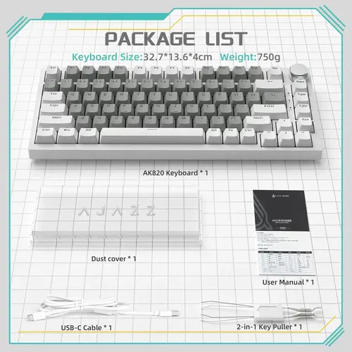 Ajazz геймърска механична клавиатура Gaming Mechanical Keyboard AK820 - Mille feuille Yellow Switches [Linear] (English US), White Gray, White Light - image 9