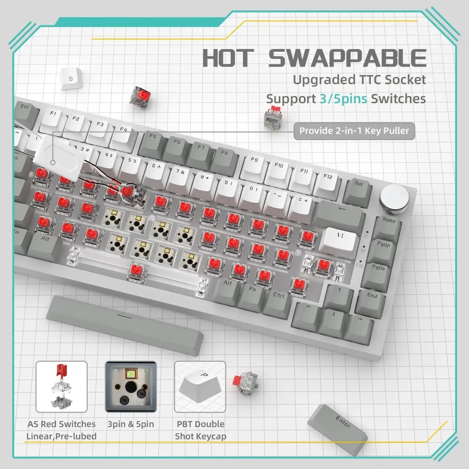 Ajazz tastatură mecanică de gaming Tastatură mecanică de gaming AK820 - AS Red Switch [Linear] (Engleză US), Gri Alb, Iluminare albă - image 2