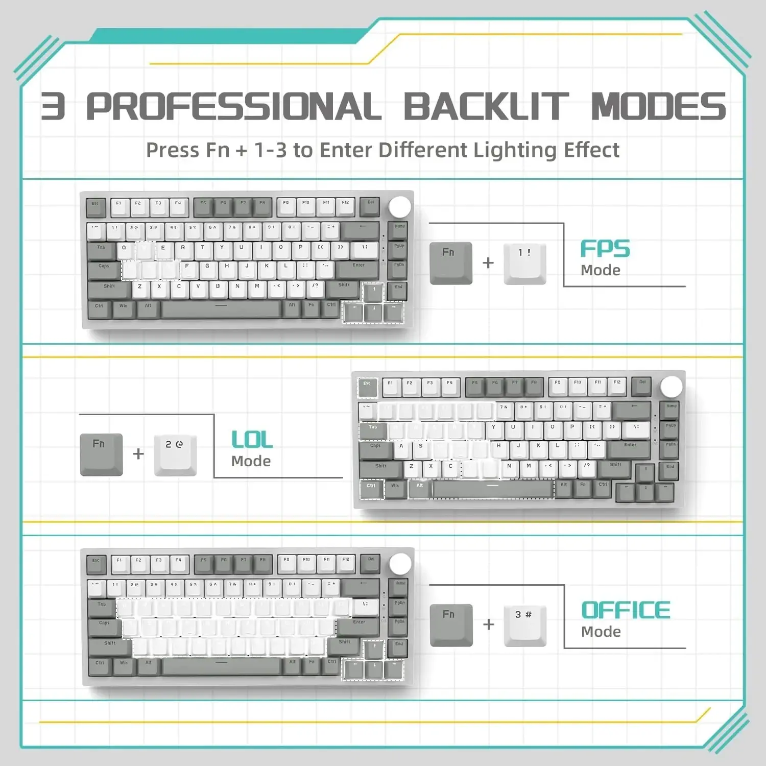 Ajazz tastatură mecanică de gaming Tastatură mecanică de gaming AK820 - AS Red Switch [Linear] (Engleză US), Gri Alb, Iluminare albă - image 5