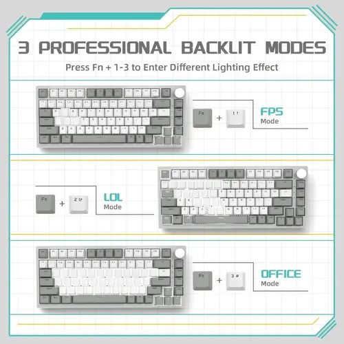Ajazz геймърска механична клавиатура Gaming Mechanical Keyboard AK820 - AS Red Switch [Linear] (English US), Gray White, White Light - image 5