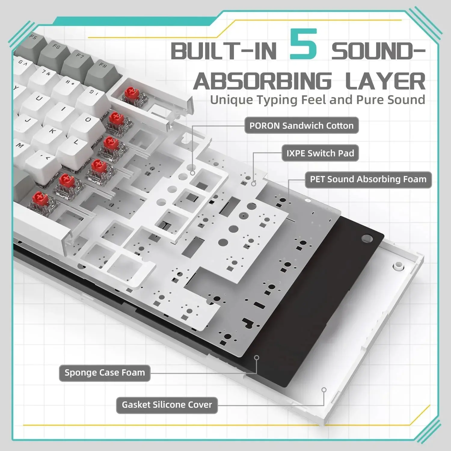 Ajazz tastatură mecanică de gaming Tastatură mecanică de gaming AK820 - AS Red Switch [Linear] (Engleză US), Gri Alb, Iluminare albă - image 6