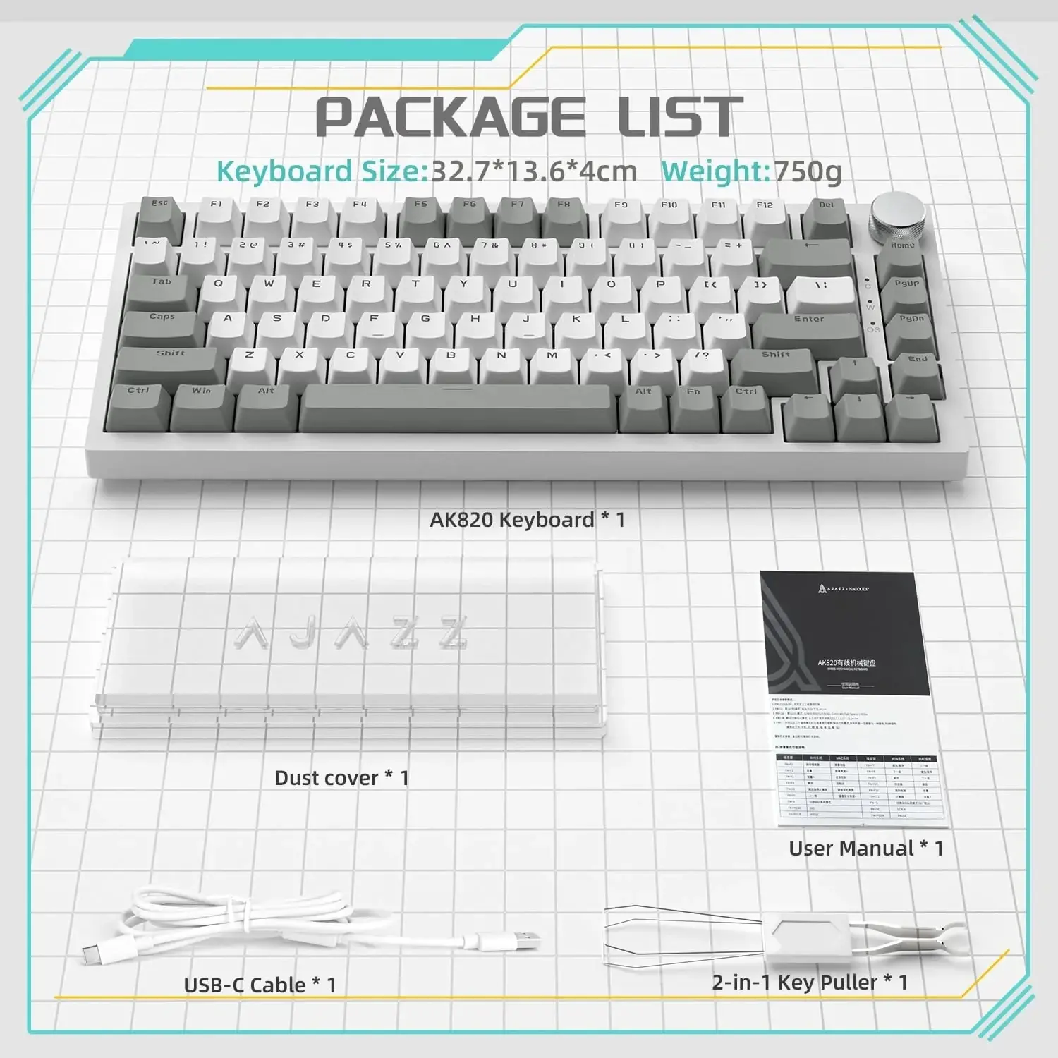 Ajazz tastatură mecanică de gaming Tastatură mecanică de gaming AK820 - AS Red Switch [Linear] (Engleză US), Gri Alb, Iluminare albă - image 7