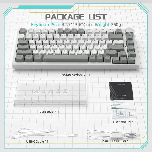 Ajazz геймърска механична клавиатура Gaming Mechanical Keyboard AK820 - AS Red Switch [Linear] (English US), Gray White, White Light - image 7