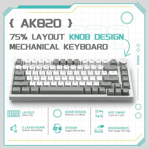 Ajazz геймърска механична клавиатура Gaming Mechanical Keyboard AK820 - AS Red Switch [Linear] (English US), Gray White, White Light - image 8