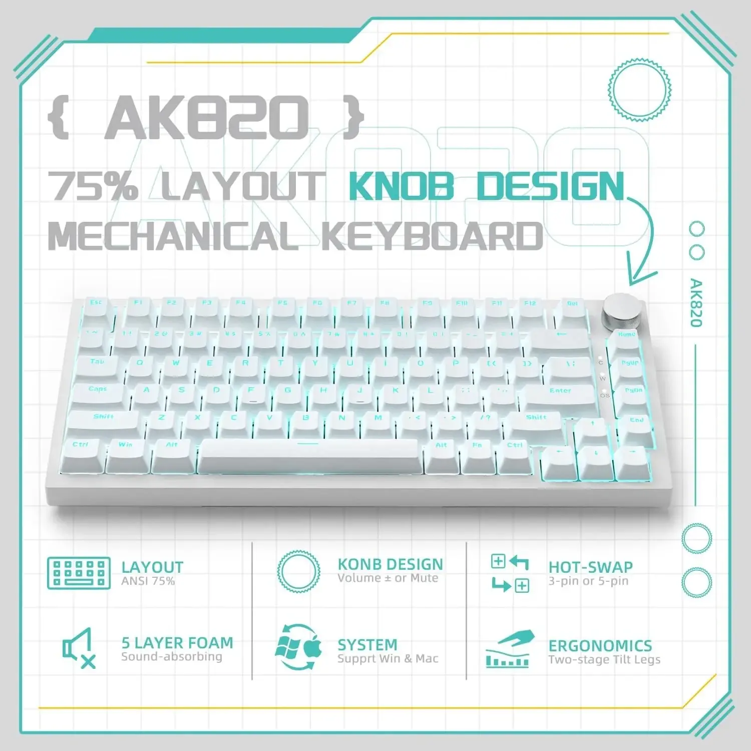 Ajazz μηχανικό πληκτρολόγιο gaming Gaming Mechanical Keyboard AK820 - Blue Switches [Tactile] (Αγγλικό US), λευκό, μπλε φωτισμός - image 1