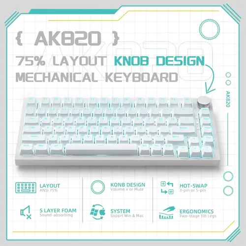 Ajazz tastatură mecanică de gaming Gaming Mechanical Keyboard AK820 - Blue Switches [Tactile] (engleză US), albă, iluminare albastră - 2