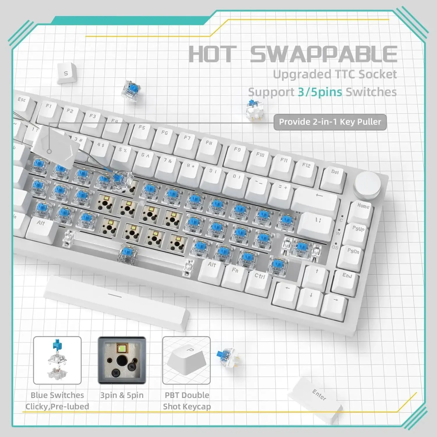 Ajazz tastatură mecanică de gaming Gaming Mechanical Keyboard AK820 - Blue Switches [Tactile] (engleză US), albă, iluminare albastră - image 3