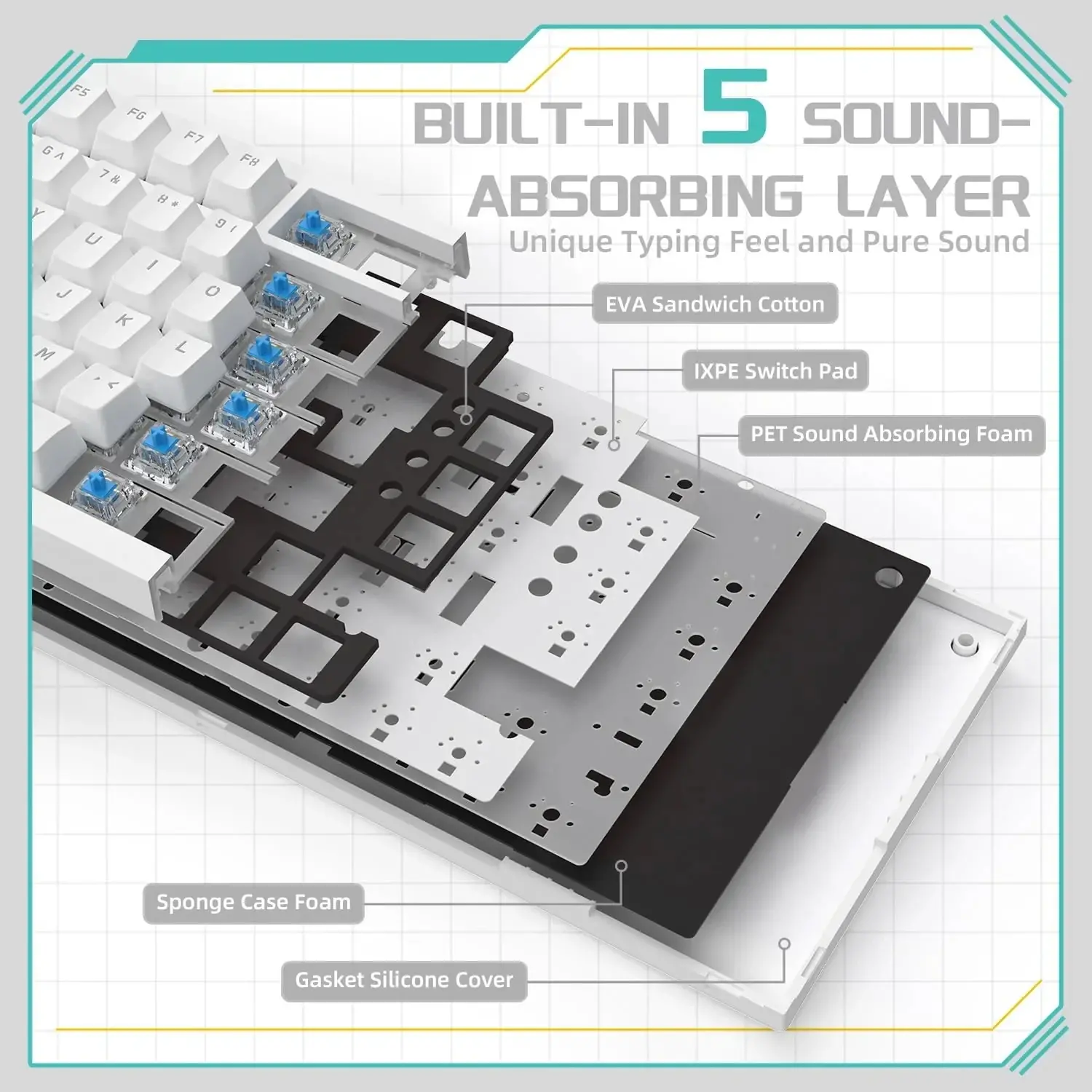 Ajazz геймърска механична клавиатура Gaming Mechanical Keyboard AK820 - Blue Switches [Tactile] (English US), White, Blue Light - image 4