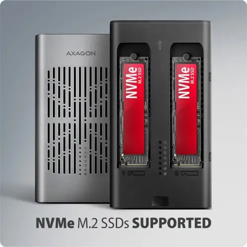 EEM2-20GD USB-C 20Gbps Dual M.2 NVMe SSD CLONE MASTER Enclosure. External USB-C 20Gbps metal box for two M.2 NVMe SSD disks with cloning functionality.