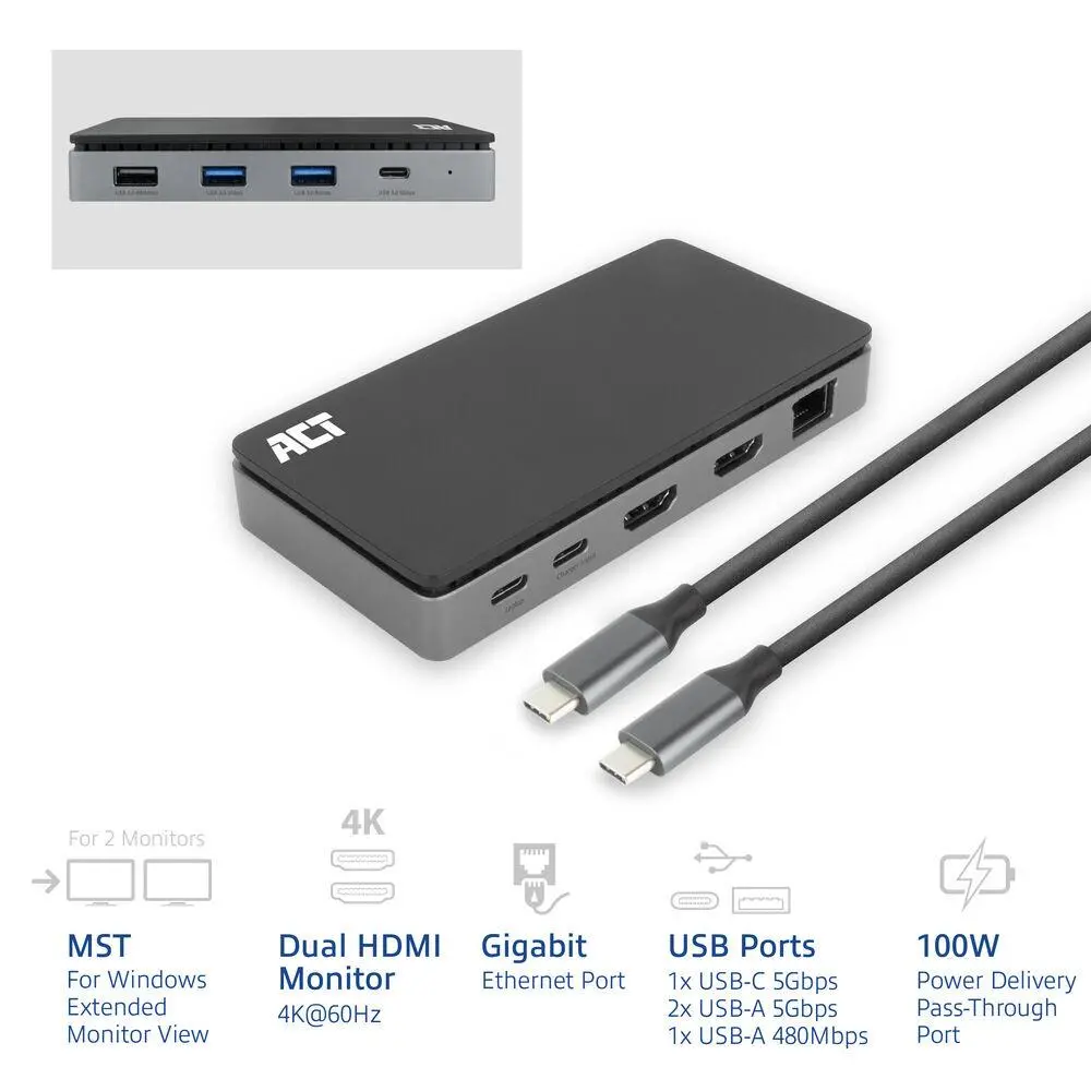 ACT Docking station USB-C, 4K, 2 x HDMI, Ethernet, USB-C, 3x USB-A - image 1