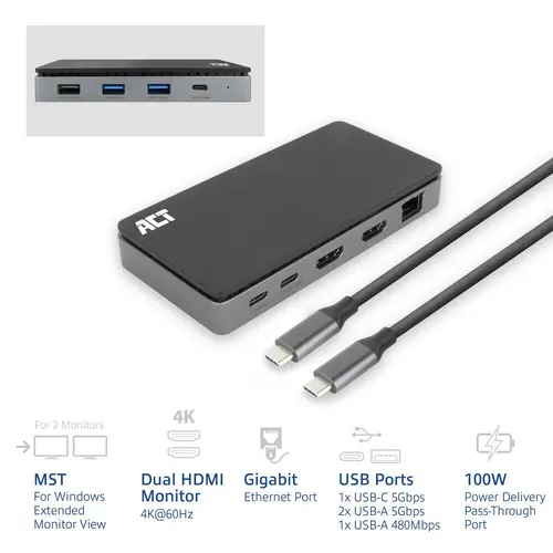 ACT Docking station USB-C, 4K, 2 x HDMI, Ethernet, USB-C, 3x USB-A - 2