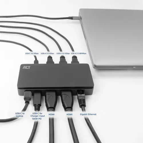 ACT Docking station USB-C, 4K, 2 x HDMI, Ethernet, USB-C, 3x USB-A - 4