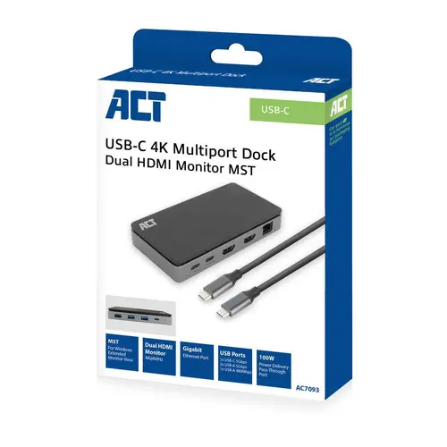 ACT Докинг станция USB-C, 4K, 2 x HDMI, Ethernet, USB-C, 3x USB-A - image 5
