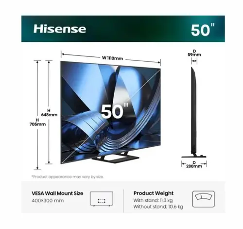 Телевизор, Hisense 50" U7SE, 4K Ultra HD 3840x2160, ULED, FALD, Quantum Dot, 144Hz, IPS, HDR 10+, HLG, Dolby Vision IQ, Dolby Atmos, Smart TV, WiFi 5GHz, WiFi Direct, BT, Anyview Cast, 4xHDMI, 2xUSB, LAN, CI+, DVB-T2/C/S2, Black - image 1