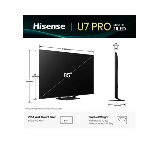 Телевизор, Hisense 85"U7Q Pro, 4K Ultra HD 3840x2160, ULED, FALD, Quantum Dot, 165Hz, IPS, HDR 10+, HLG, Dolby Vision IQ, Dolby Atmos, Smart TV, WiFi 5GHz, WiFi Direct, BT, Anyview Cast,light sensor,Solar Powered Remote, 4xHDMI, 2xUSB, LAN, CI+, DVB-T2/C/S2, Black - image 1