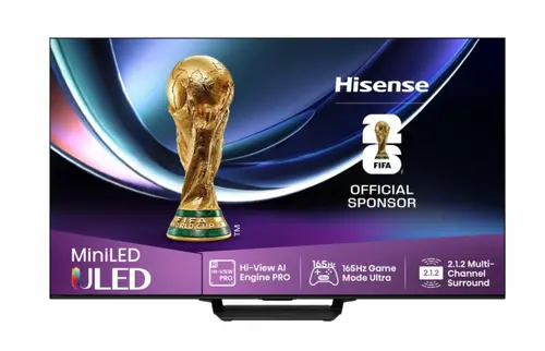 Телевизор, Hisense 85"U7Q Pro, 4K Ultra HD 3840x2160, ULED, FALD, Quantum Dot, 165Hz, IPS, HDR 10+, HLG, Dolby Vision IQ, Dolby Atmos, Smart TV, WiFi 5GHz, WiFi Direct, BT, Anyview Cast,light sensor,Solar Powered Remote, 4xHDMI, 2xUSB, LAN, CI+, DVB-T2/C/S2, Black
