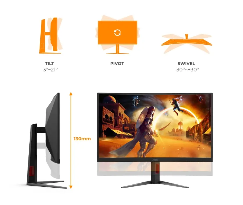 Монитор, AOC C27G4Z2, 27" Curved 1500R, Fast VA, WLED, 1920x1080@260Hz (OC, Native 240Hz), 1ms GtG, 0.3ms MPRT, 300cd m/2, 3000:1, Adaptive Sync, FlickerFree, Low Blue Mode, Tilt, Height Adjust, Swivel, 2xHDMI, DP - image 2