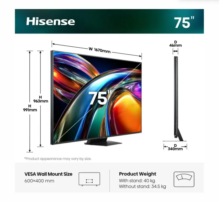Телевизор, Hisense 75" UR9S, 4K Ultra HD 3840x2160, RGB Mini Led , DLED, Quantum Dot, 180Hz, IPS, HDR 10+, HLG, Dolby Vision IQ, Dolby Atmos, Smart TV,Light Sensor,WiFi 6eGHz, WiFi Direct, BT,2x15 W + 2x10 W + 20 W + 2x10W, Anyview Cast, 3xHDMI, 2xUSB, LAN, CI+ - image 1