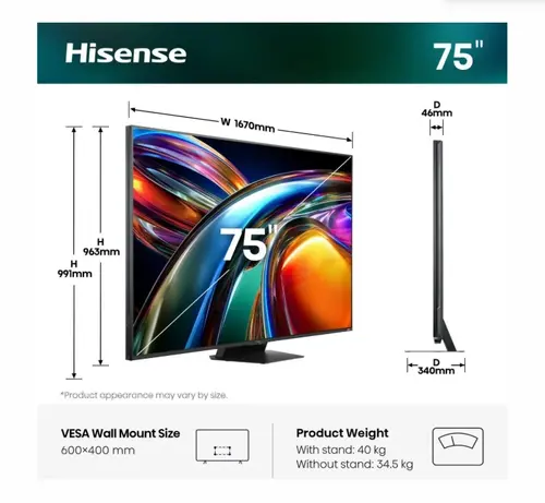 Телевизор, Hisense 75" UR9S, 4K Ultra HD 3840x2160, RGB Mini Led , DLED, Quantum Dot, 180Hz, IPS, HDR 10+, HLG, Dolby Vision IQ, Dolby Atmos, Smart TV,Light Sensor,WiFi 6eGHz, WiFi Direct, BT,2x15 W + 2x10 W + 20 W + 2x10W, Anyview Cast, 3xHDMI, 2xUSB, LAN, CI+ - image 1