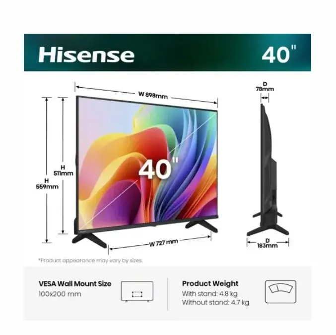 Телевизор, Hisense 40" A4S, Full HD 1920x1080, DLED, HDR, HLG, DTS HD, Smart TV, WiFi, WiFi Direct, 2xHDMI, 2xUSB, LAN, CI+, DVB-T2/C/S2, Black - image 1