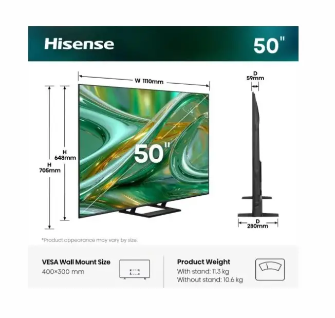 Телевизор, Hisense 50" E8S, 4K Ultra HD 3840x2160, ULED, Quantum Dot,144 Hz,HDR 10+, HLG, Dolby Vision, DTS Virtual X, Smart TV, WiFi, Light Sensor, BT, Anyview Cast, 4xHDMI, 2xUSB, LAN, CI+, DVB-T2/C/S2, Singale Stand, Black - image 1
